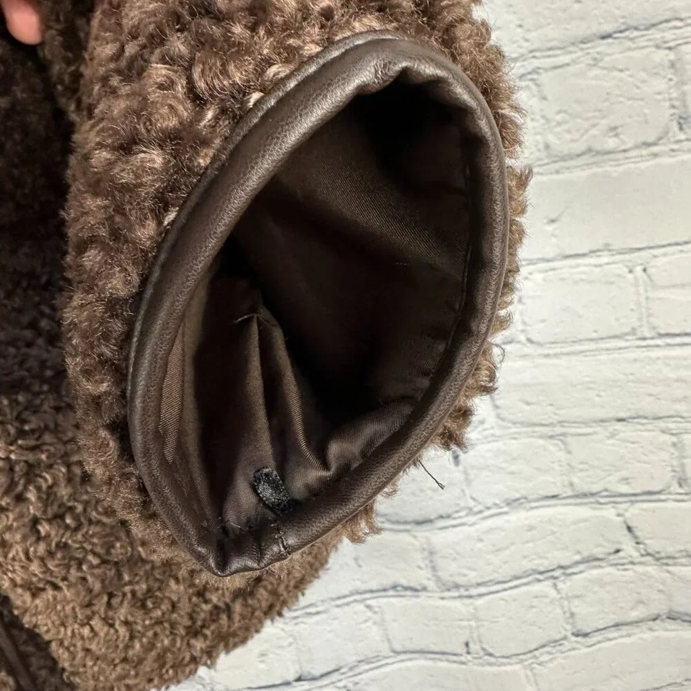 Avec Les Filles Faux Shearling Teddy Coat w/ Faux Leather Trim, Size S, Espresso